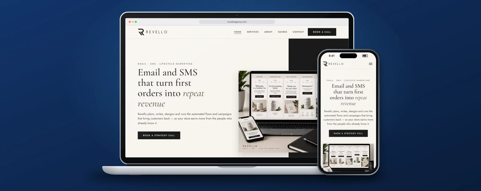 The Revello homepage, a live site built by Malvern Web Designs, on a laptop and a phone