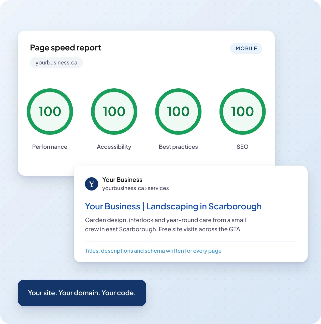 A page speed report scoring 100 for performance, accessibility, best practices and SEO, above a search result for a small business