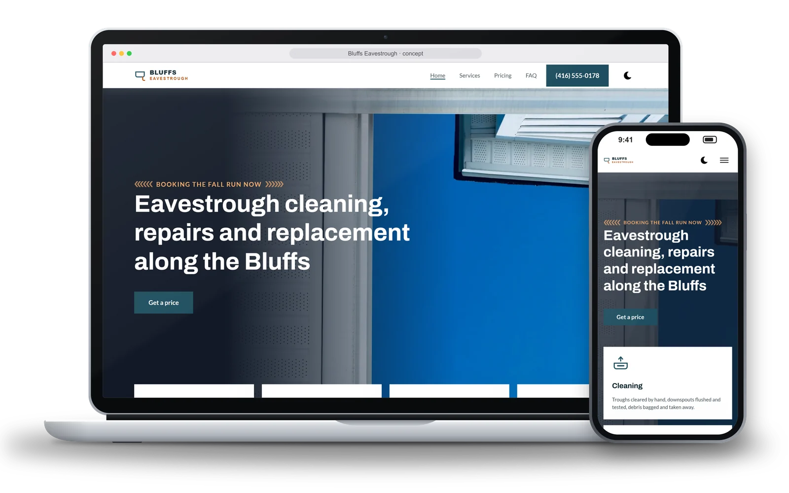 The Bluffs Eavestrough homepage on a laptop and a phone: soffit and eavestrough against a blue sky, four service cards overlapping the bottom of the photo