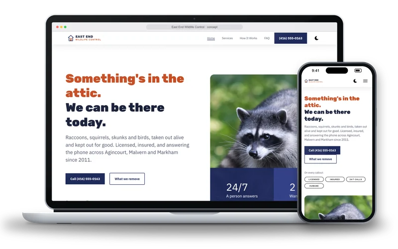 The East End Wildlife Control home page: the headline Something’s in the attic. We can be there today, above a call button and trust badges