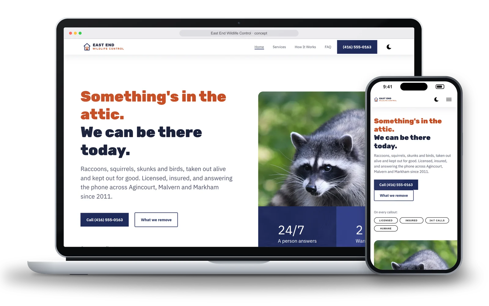 The East End Wildlife Control homepage on a laptop and a phone: a raccoon photographed head-on beside the headline Something’s in the attic, we can be there today