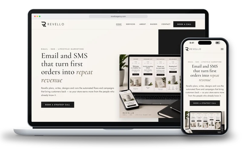 The Revello home page: the headline Email and SMS that turn first orders into repeat revenue, beside a laptop and phone showing its lifecycle emails
