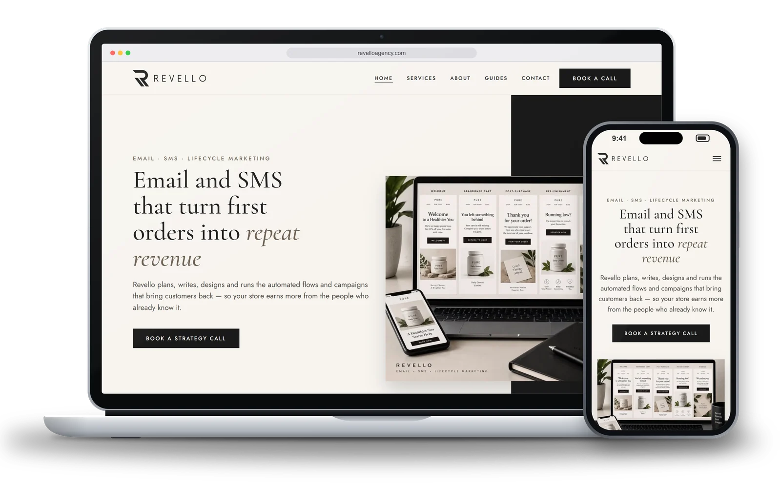The Revello homepage on a laptop and a phone: the headline Email and SMS that turn first orders into repeat revenue, beside a laptop and phone showing five of its lifecycle emails