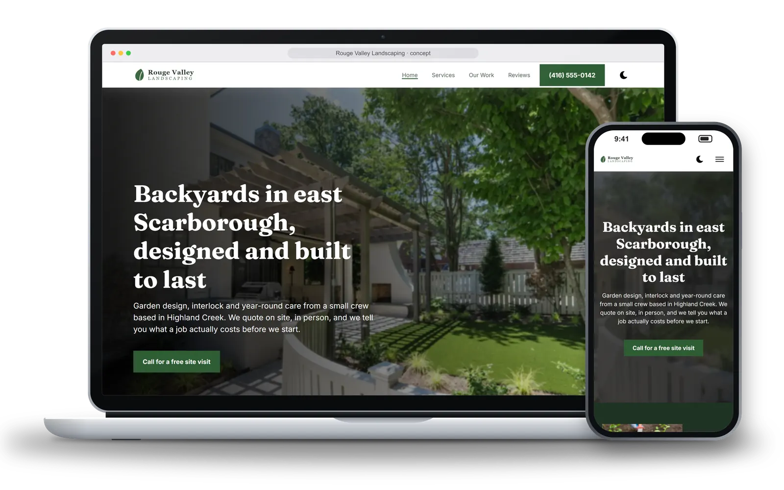 The Rouge Valley Landscaping homepage on a laptop and a phone: a full-width photo of a landscaped backyard behind the headline Backyards in east Scarborough, designed and built to last